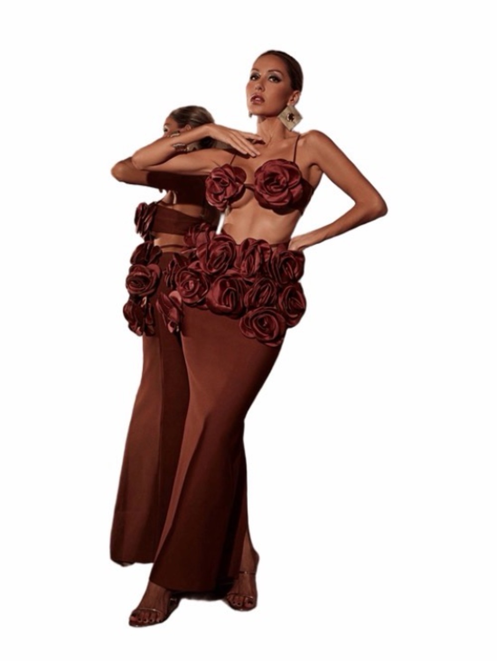 Brown Floral Appliqué Two-Piece Evening Dress